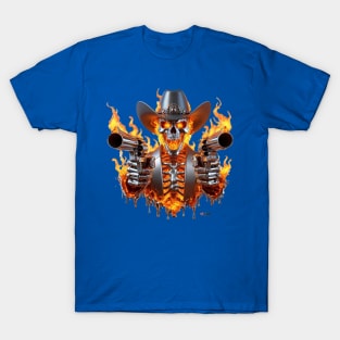 Flaming Skeleton Shooting Cowboy by focusln T-Shirt
